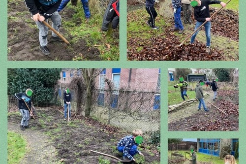 leerlingen aan het schoffelen